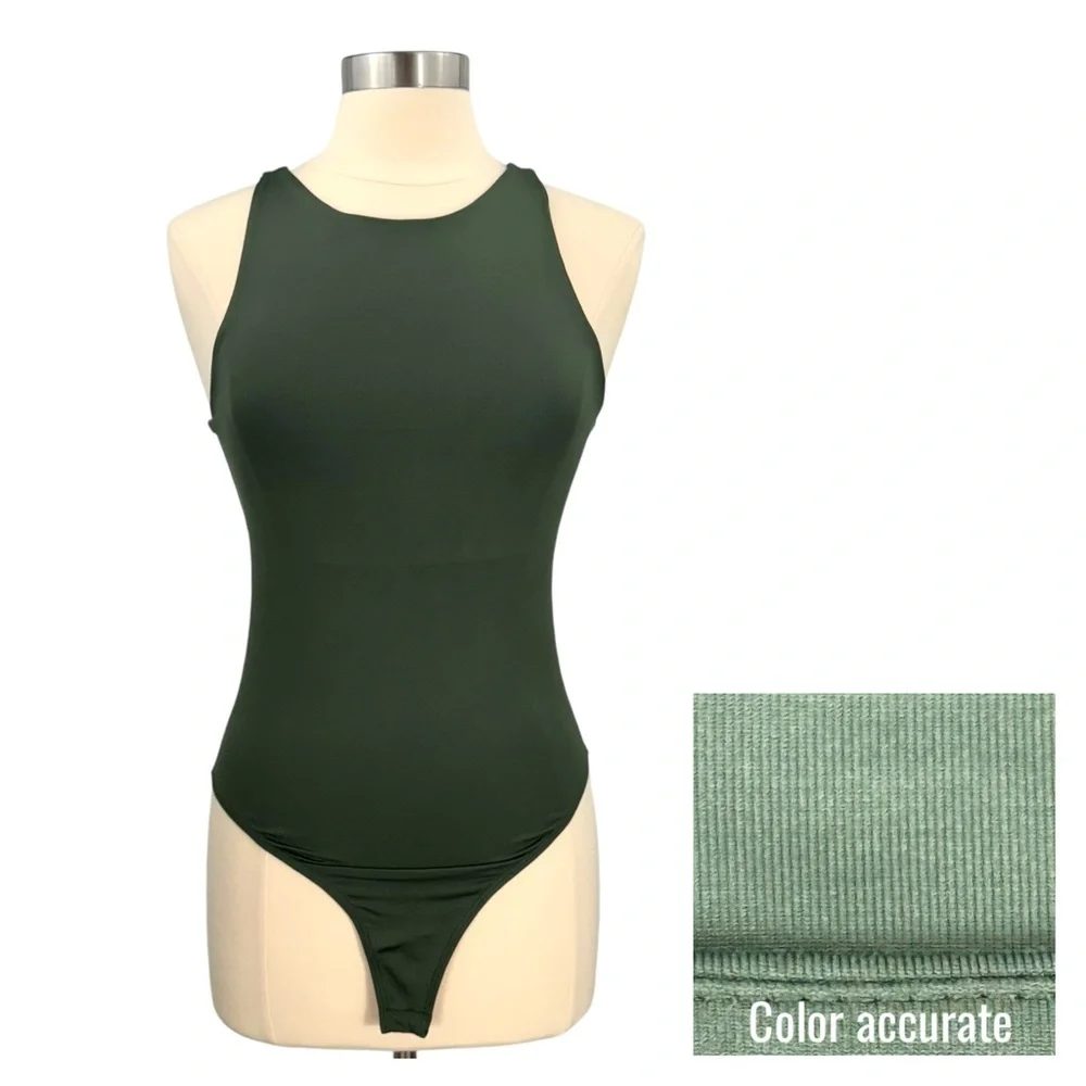 Francesca’s GB Fashion London Army Green High Neck Sleeveless Brief Cut Bodysuit - Picture 1 of 16